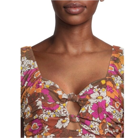 Madden NYC Juniors Ruched Dress Size XL Brown Retro 70s Floral Bodycon Sexy - Picture 3 of 11